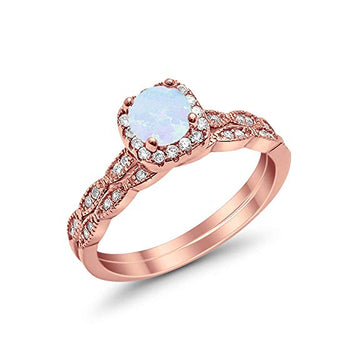 Halo Wedding Bridal Ring Band Set Rose Tone, Lab White Opal Simulated CZ Sterling Silver 17348-wo-RG